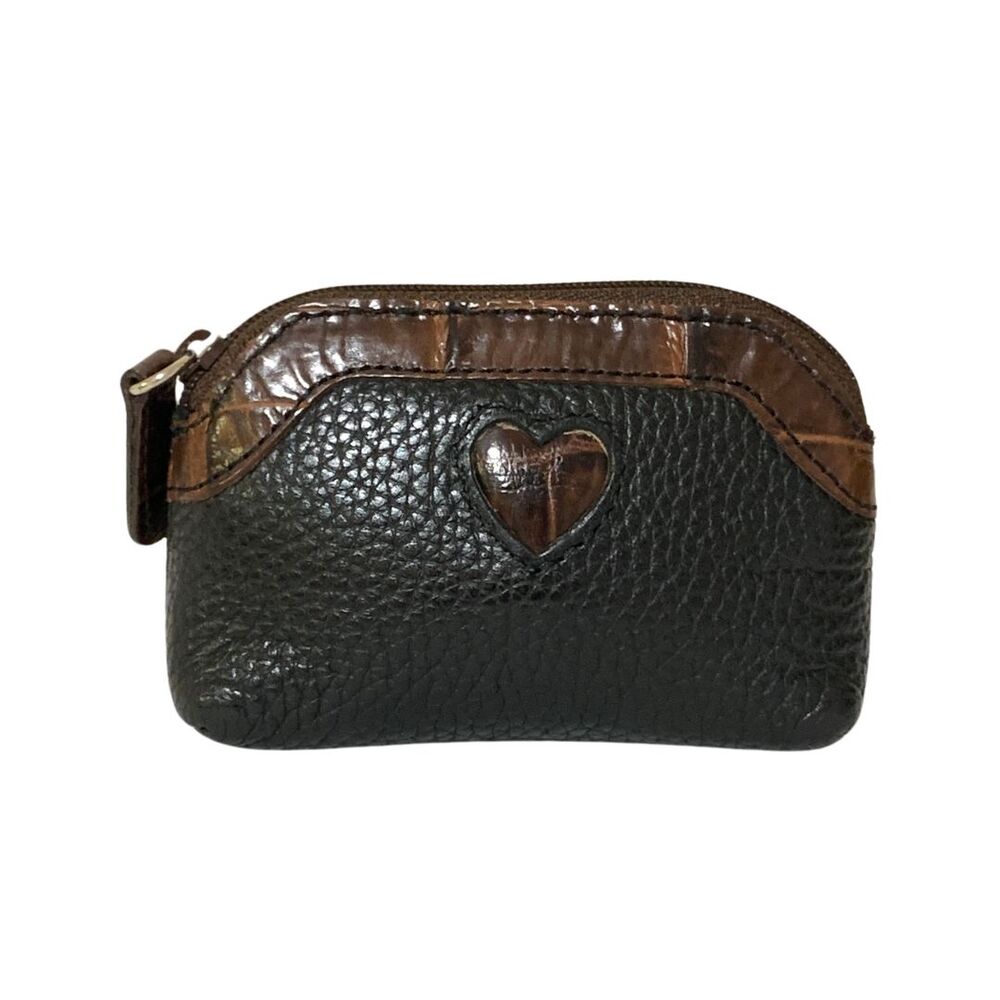 Brighton Black & Brown Leather Coin Purse Heart Accent Zip Pouch Wallet 3" x 4.5